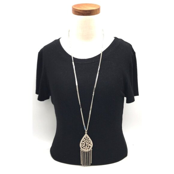 Vintage Silver tone Teardrop Filigree Pendant Necklace With Chain Fringe - Picture 3 of 8